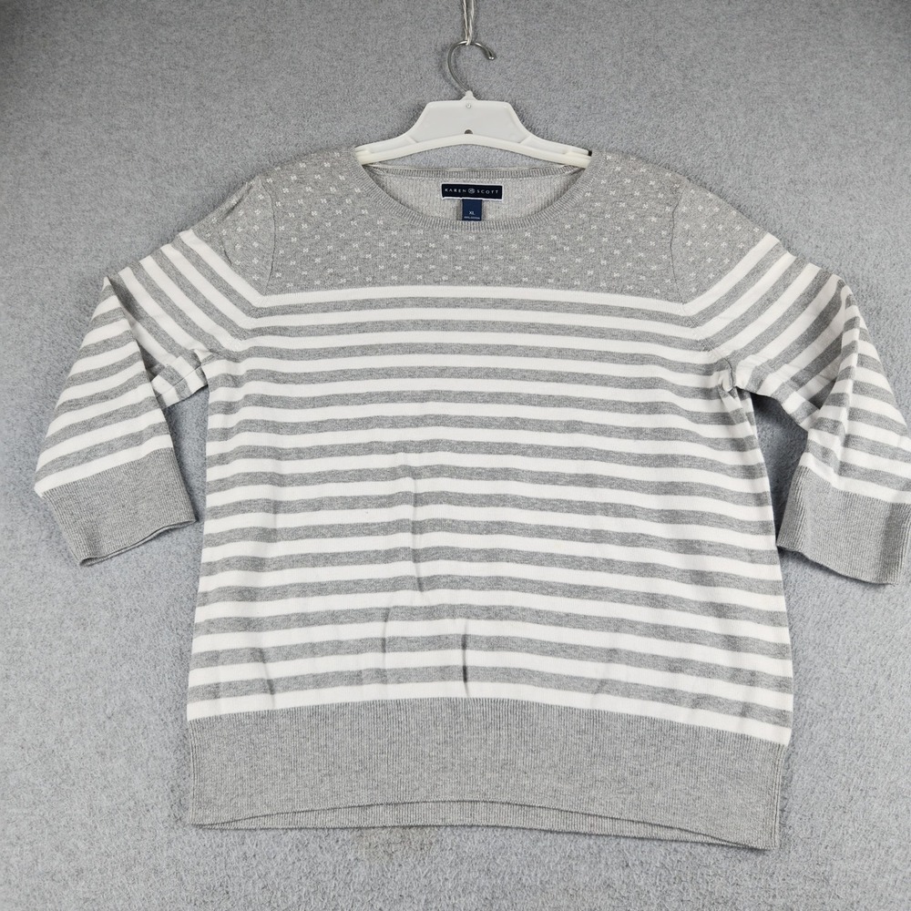Karen Scott Sweater Womens XL Gray White Knit Striped Floral 3/4 Sleeve Pullover